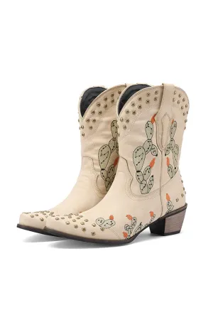 Amozae-Cactus Embroidery Studded Mid-Calf Boots