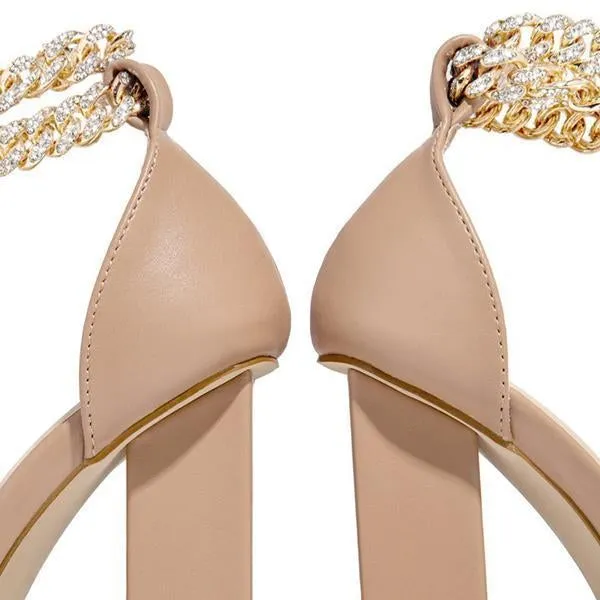 Amozae- Gold-Tone Chain Embellished Ankle Strap Chunky Heels