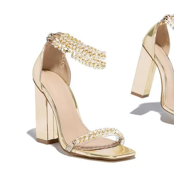 Amozae- Gold-Tone Chain Embellished Ankle Strap Chunky Heels