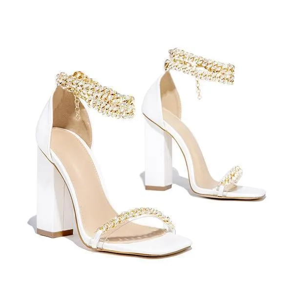 Amozae- Gold-Tone Chain Embellished Ankle Strap Chunky Heels