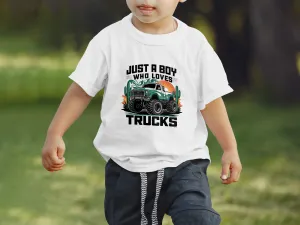 Just A Boy Who Loves Trucks T-Shirt, Cool Truck Graphic Tee, Boy's Monster Truck Shirt, Cactus Sunset Truck Design, Fun Truck Lover Toddler Short Sleeve Tee
