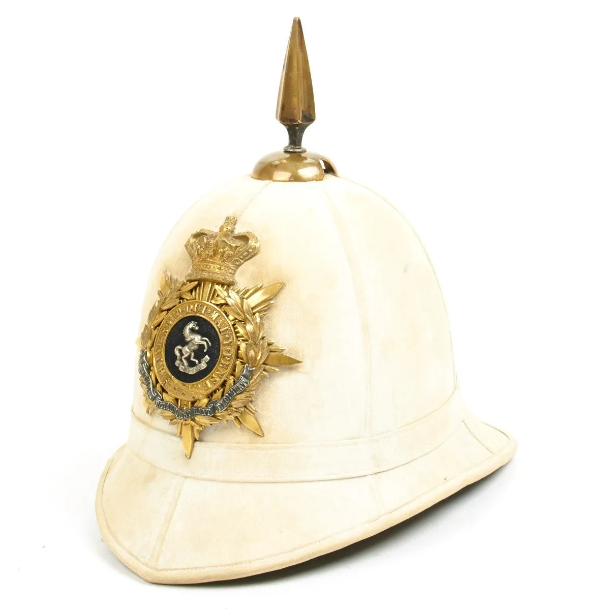 Original British Victorian Era Officer Spiked Pith Helmet - Queen Own Royal West Kent Regiment - Circa 1882