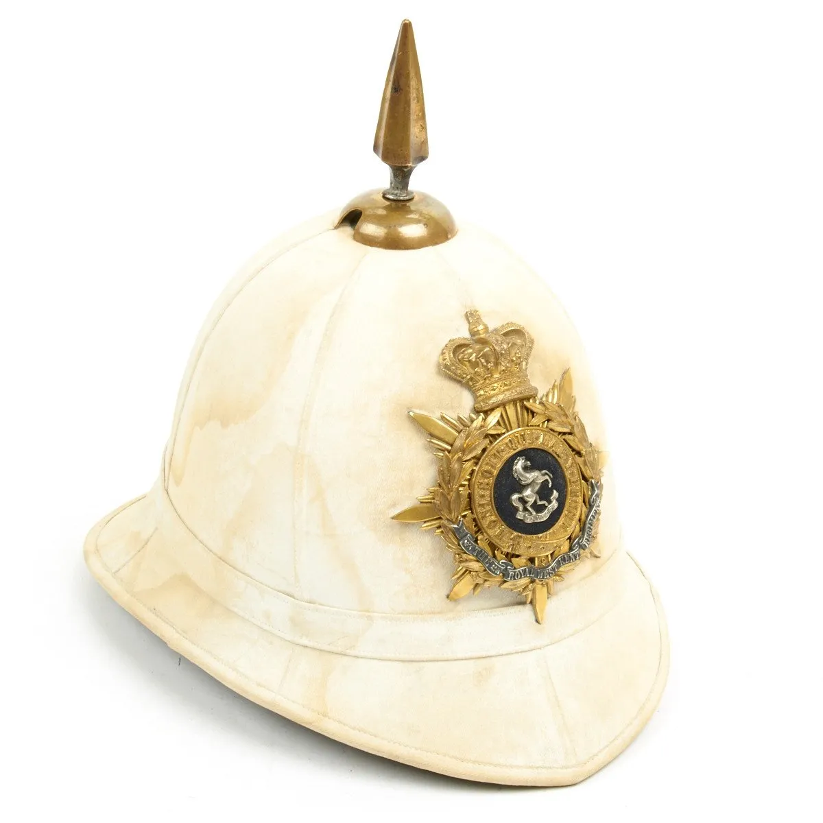 Original British Victorian Era Officer Spiked Pith Helmet - Queen Own Royal West Kent Regiment - Circa 1882